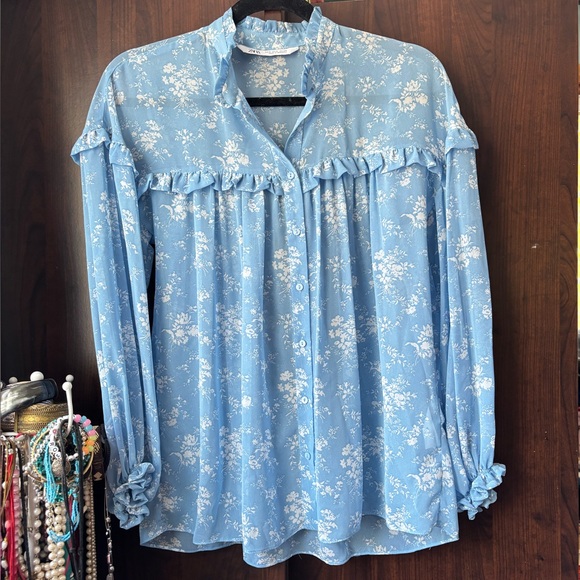 Zara Blue Ruffled Long Sleeve Blouse - Picture 8 of 14